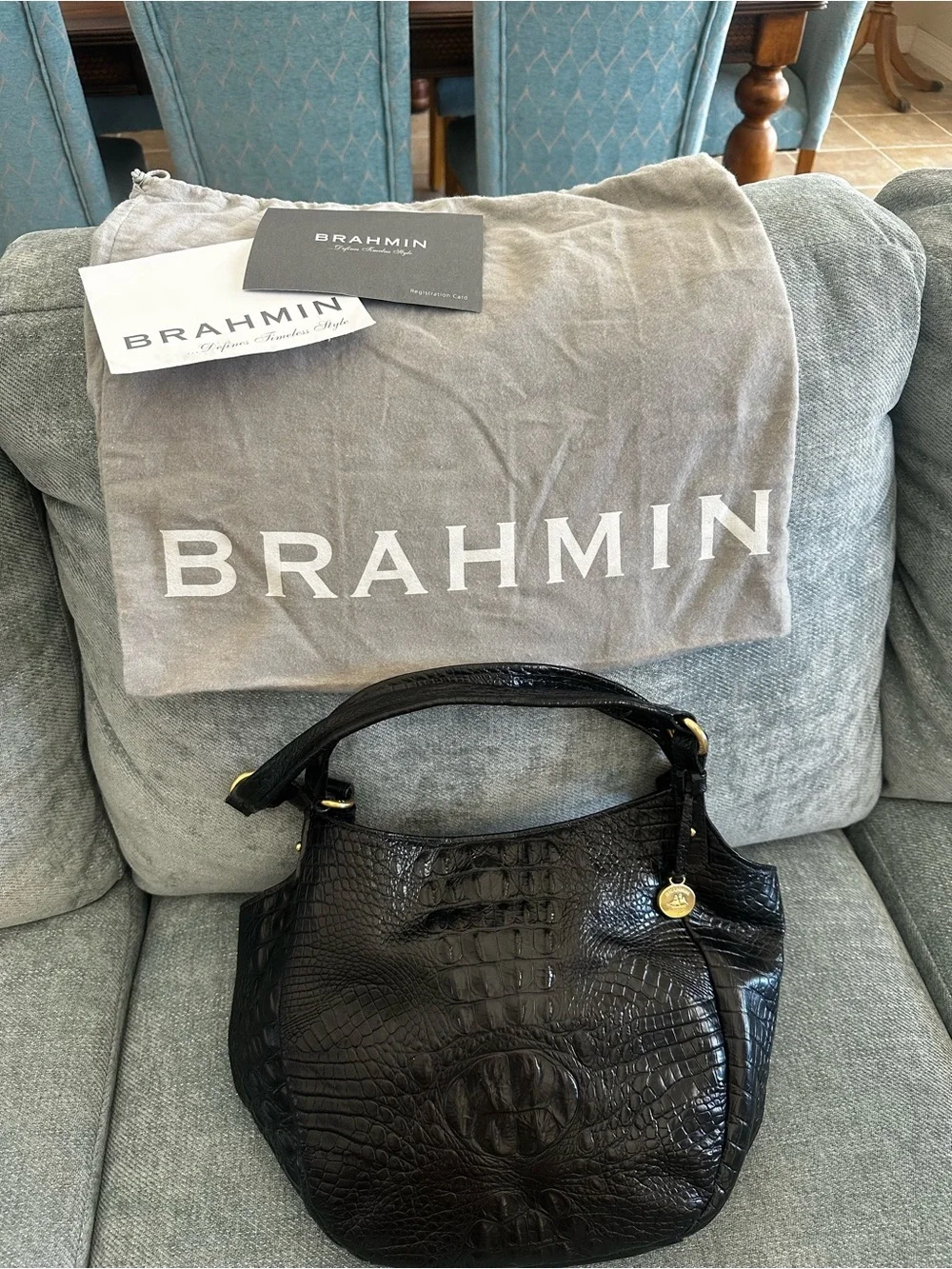 Brahmin Black Croc-Embossed Shoulder Bag with Gold Accents